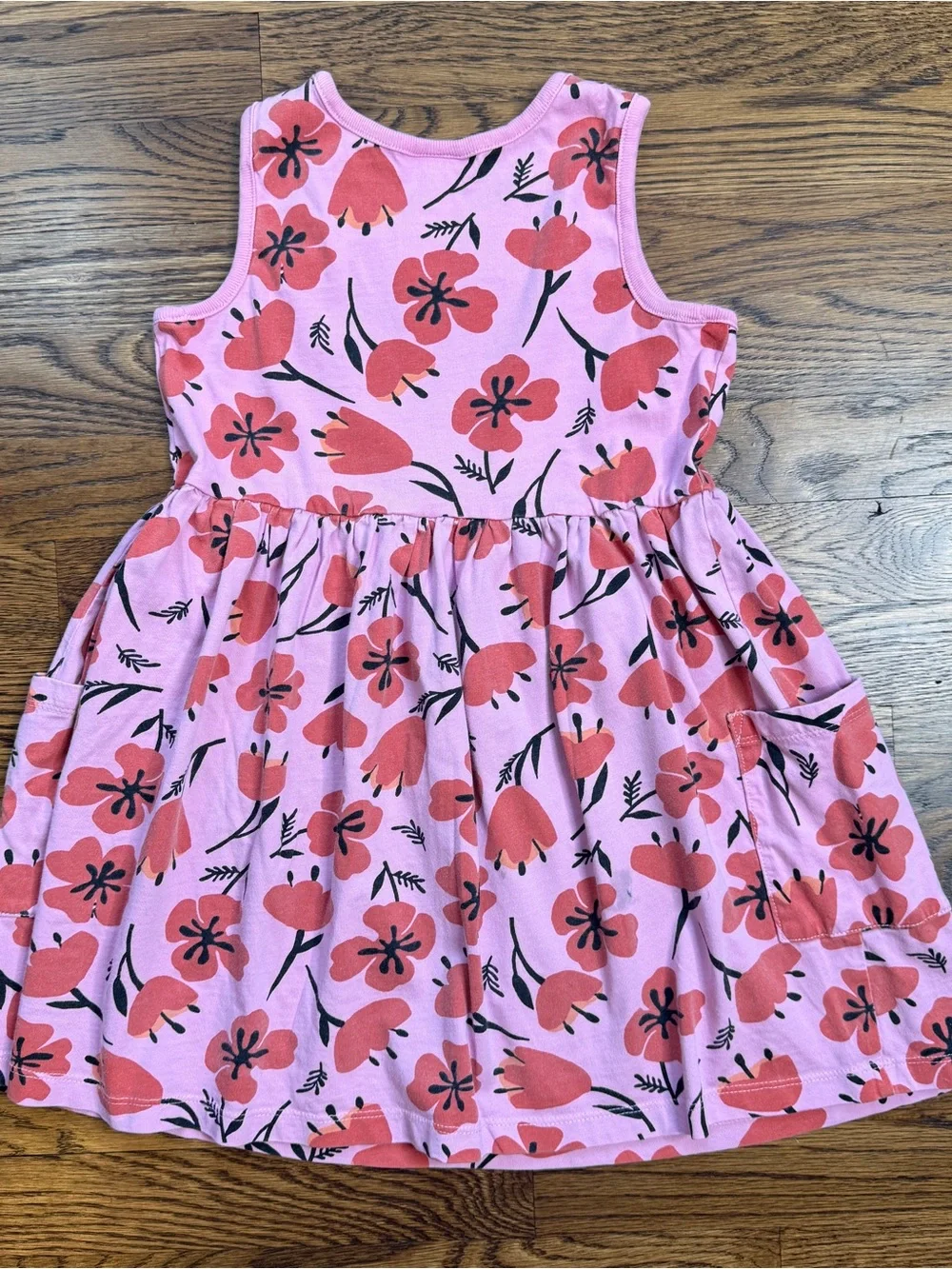 Hanna Andersson Girls Poppy Pink Pocket Dress with Red/ Orange Floral Print 6-7